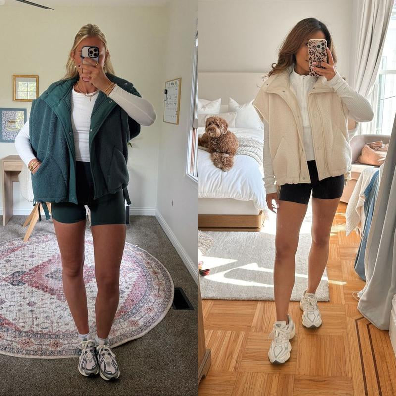 Oversized Sherpa Fleece Vest for Women Cozy Sleeveless Jacket Gilet with Pockets & Button Closure Casual Minimalist Winter Tops Fleecevest Oversizedfit Women'Swear Basic Collared