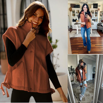 Oversized Sherpa Fleece Vest for Women Cozy Sleeveless Jacket Gilet with Pockets & Button Closure Casual Minimalist Winter Tops Fleecevest Oversizedfit Women'Swear Basic Collared