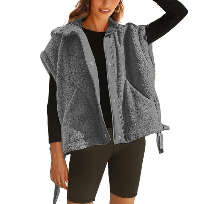 Oversized Sherpa Fleece Vest for Women Cozy Sleeveless Jacket Gilet with Pockets & Button Closure Casual Minimalist Winter Tops Fleecevest Oversizedfit Women'Swear Basic Collared