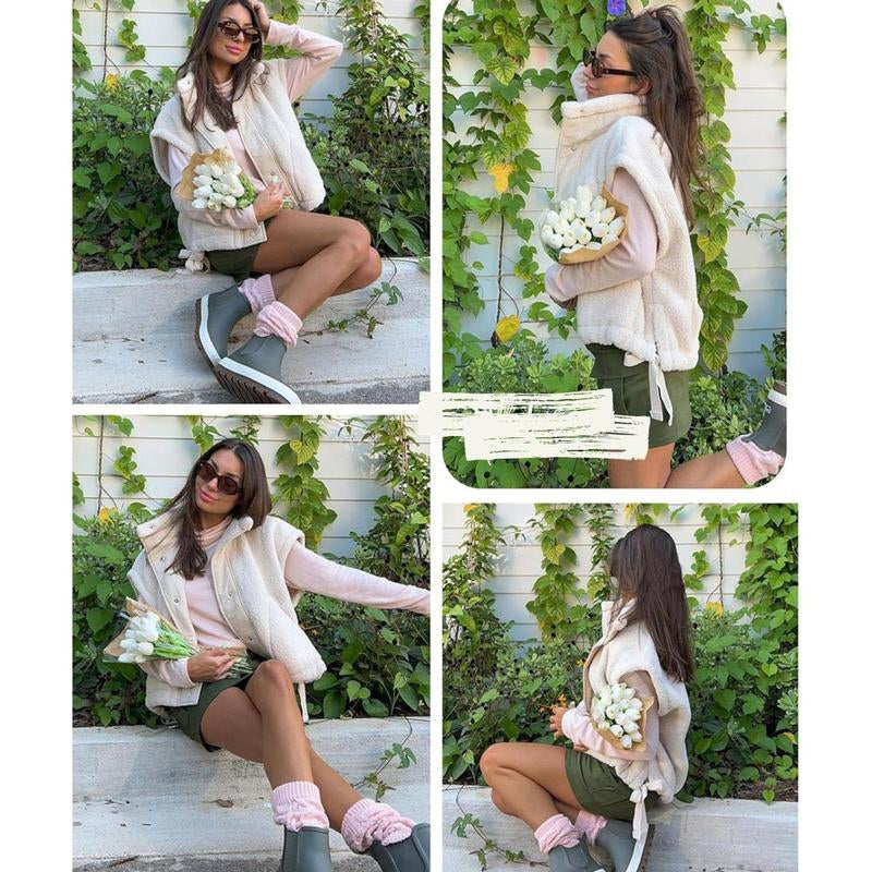 Oversized Sherpa Fleece Vest for Women Cozy Sleeveless Jacket Gilet with Pockets & Button Closure Casual Minimalist Winter Tops Fleecevest Oversizedfit Women'Swear Basic Collared