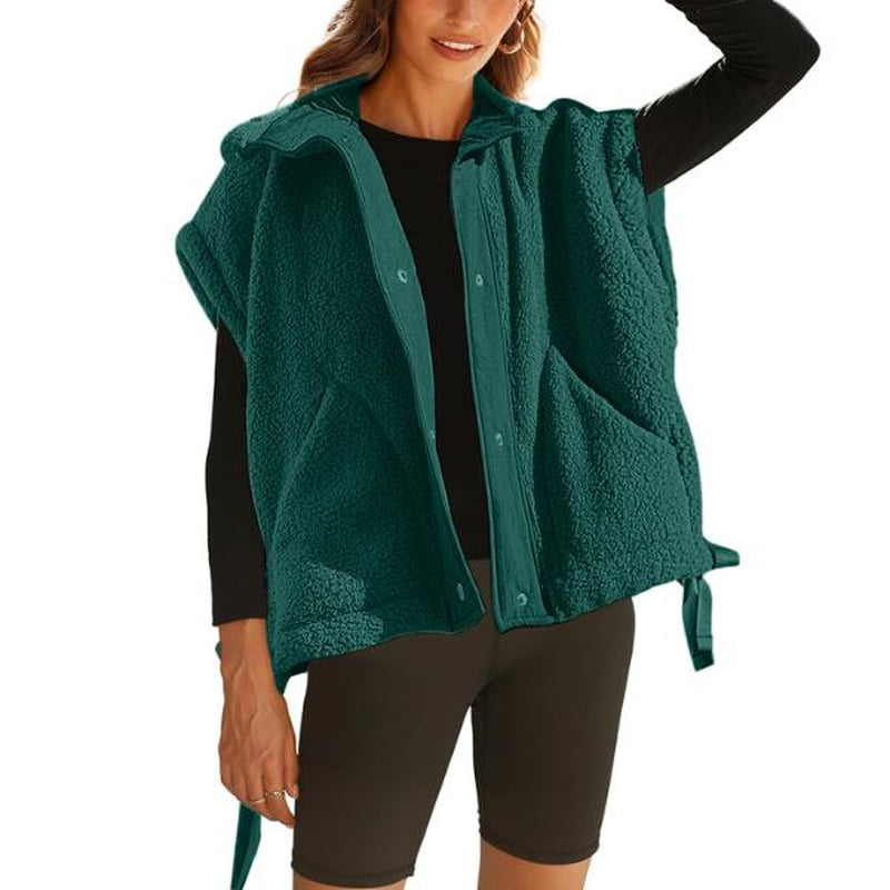 Oversized Sherpa Fleece Vest for Women Cozy Sleeveless Jacket Gilet with Pockets & Button Closure Casual Minimalist Winter Tops Fleecevest Oversizedfit Women'Swear Basic Collared