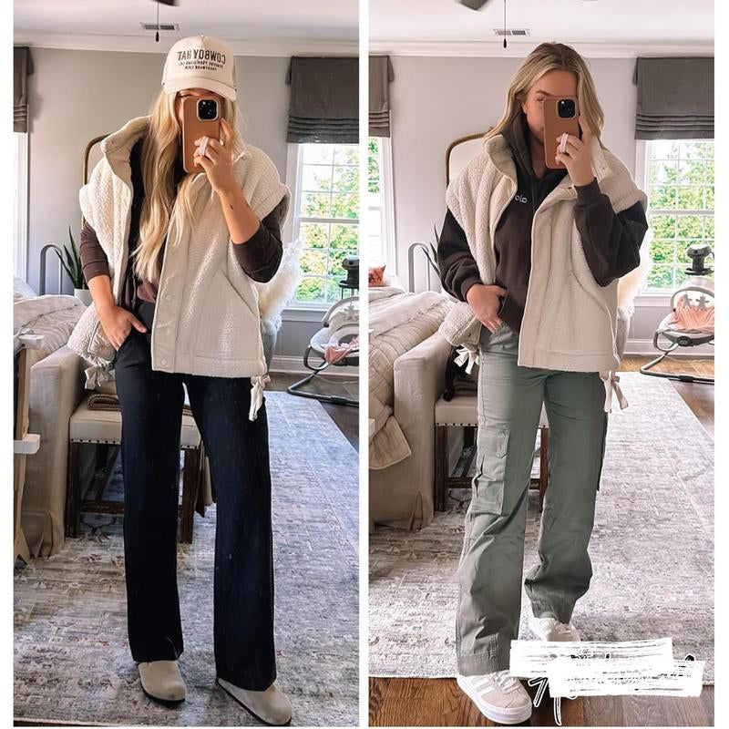 Oversized Sherpa Fleece Vest for Women Cozy Sleeveless Jacket Gilet with Pockets & Button Closure Casual Minimalist Winter Tops Fleecevest Oversizedfit Women'Swear Basic Collared